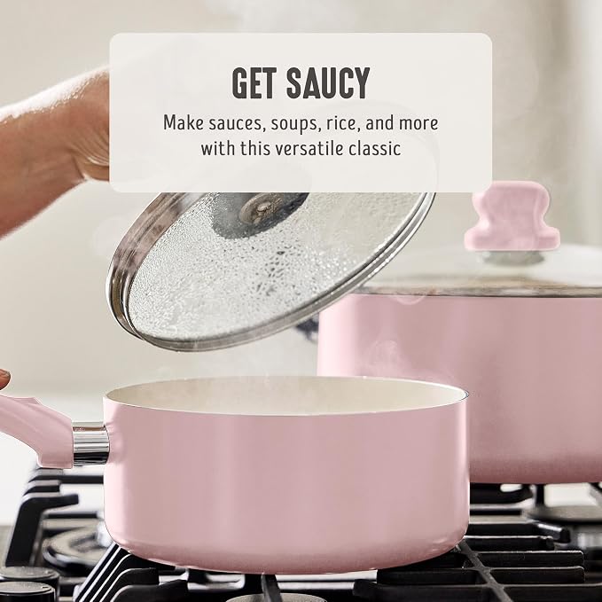 GreenLife 2QT Ceramic Nonstick Saucepan with Lid, Blush Pink | PFAS-Free Ceramic Nonstick Coating, Soup Pot, Induction Ready, All Stovetop Compatible, Stay-Cool Handles, Dishwasher Safe