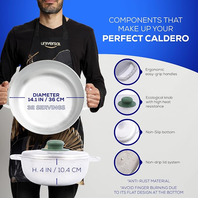 Universal (Professional Large) Caldero 32 Cups - 11.6 QT / 11 L, Stainless Aluminum Pot, Even Heat Distribution and Fast Cooking Dutch Oven Pot, Ergonomic Handles, Ideal for Rice, and French Fries