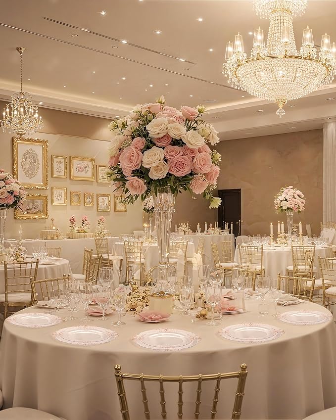 Nervure 175Pcs Rose Gold Plates, Disposable Party Plates for 25 Guests | 25 7.5" Dessert & 25 10.25" Dinner Plastic Plates, 75 Gold Silverware, 25 9oz Cups, 25 Napkin for Wedding & Party, Heavy-duty