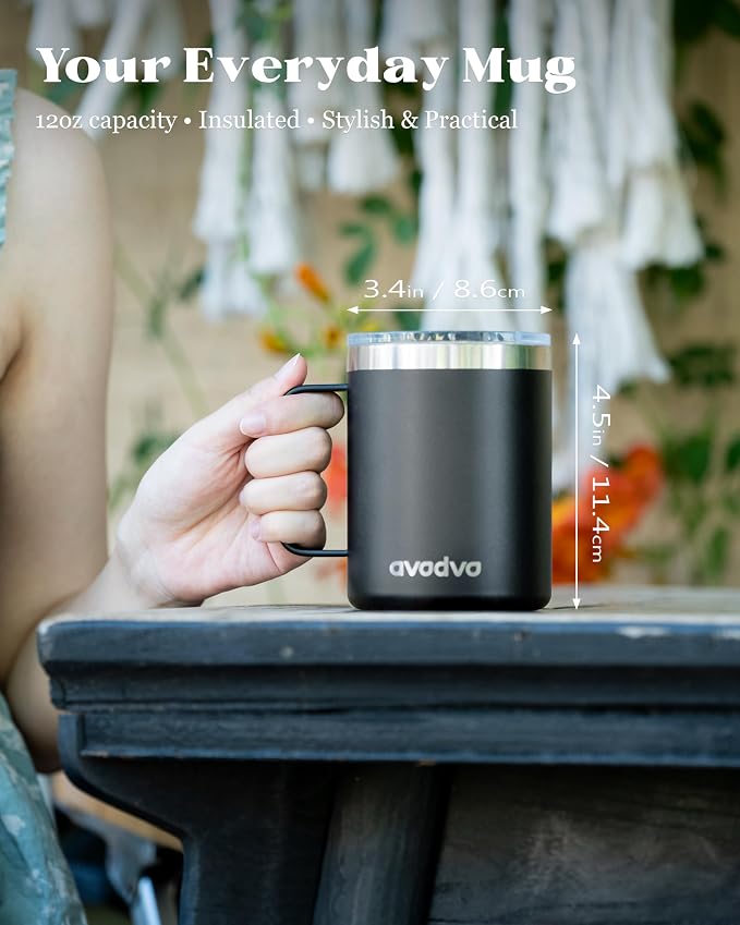 12oz Insulated Coffee Mug with Lid – Includes Two Lids, Stainless Steel Coffee Travel Mug with Handle, Double Wall Vacuum Insulated Camping Mug for Home, Office & Outdoor, Cool Gray