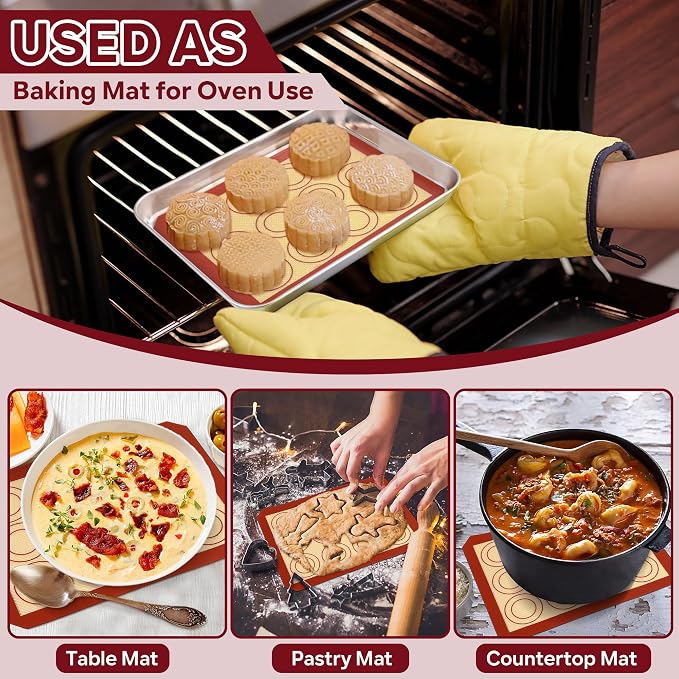 P&P CHEF 8.6 Inch Silicone Baking Mat, 2Pcs Non-stick Silicone Oven Mats | Reusable Baking Supplies for Macaroon Pastry Bread Dough Cookie Pizza, Good for Roasting Kneading, Fit Well with Sheet Pan