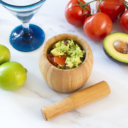 TB Essentials Bamboo Mortar and Pestle Set, 6.75 Ounce Capacity, Perfect for Guacamole, Pesto, Salad Dressing and More