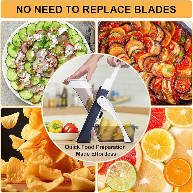 Safe Mandoline Slicer for Kitchen, Vegetable & Food Cutter (Only Slice) | Thickness Adjustable 0.1-8 mm, Potato Slicer for Chips, Easy to Clean, Storage, Kitchen Faster Slice, Dishwasher-safe (Blue)
