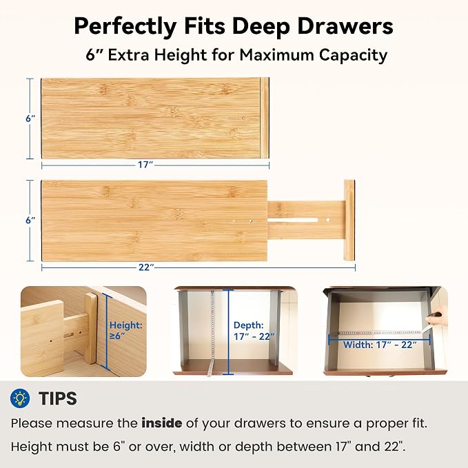 4 Pack 6" Deep Bamboo Drawer Dividers, 17-22" Expandable Kitchen Organizers | Adjustable Spring-Loaded Tension Separators with Foam Pad for Clothes, Utensils, Kitchen, Dresser, Nursery & Bathroom