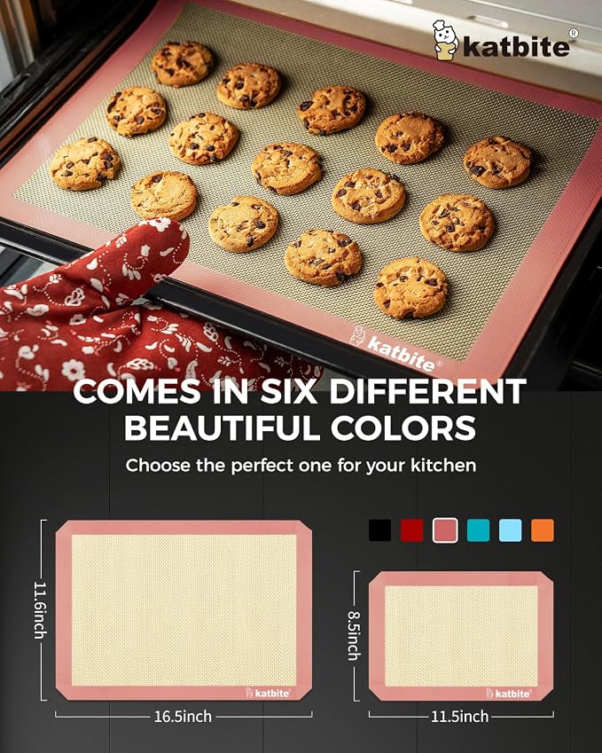 Katbite Silicone Baking Mat Set of 3 Pink | 2 Half Sheets Mats + 1 Quarter Baking Sheet, Reusable & Nonstick Bakeware Mats for Cookies, Macarons, Bread