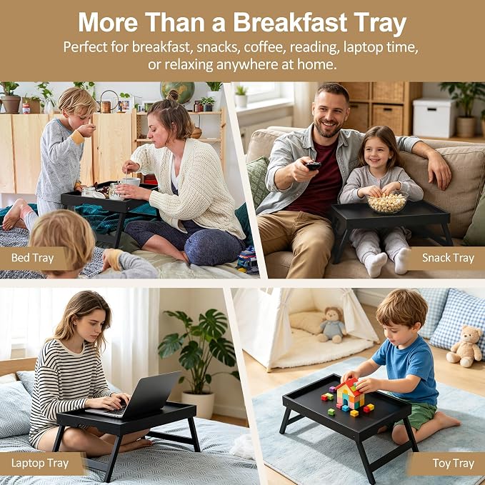 Large Bamboo Bed Tray Tables with Folding Legs, 3 Pack, Black | 3 large black bamboo bed trays with folding legs, raised edges and side grips for meals, laptops, snacks and serving.