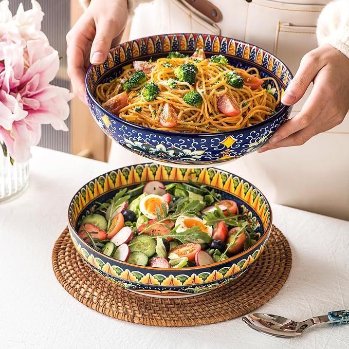 Henten Home Porcelain Pasta Bowls Set of 2, Ceramic 50 oz Soup Bowl, Colorful Large Salad Bowls, Bohemia Style Serving Bowls Set for Noodles, Microwave & Dishwasher Safe (B)