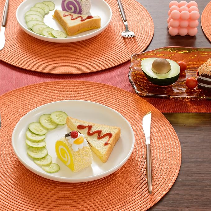 FunWheat Round Braided Placemats Set of 4 Table Mats for Dining Tables Woven Washable Non-Slip Place mats 15inch (Orange, 4pcs)