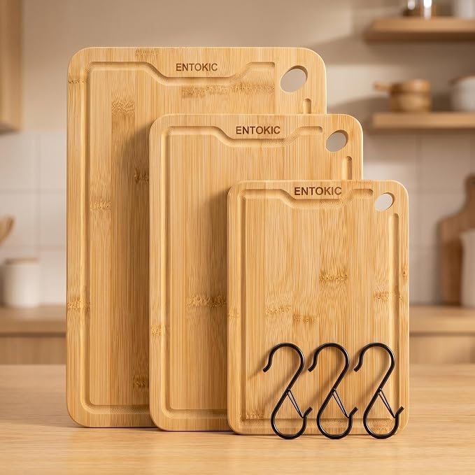 Bamboo Wooden Cutting Board Kitchen Chopping Boards With 3 hooks | Durable carbonized bamboo construction deep juice groove for food prep meat cutting vegetable chopping and daily serving