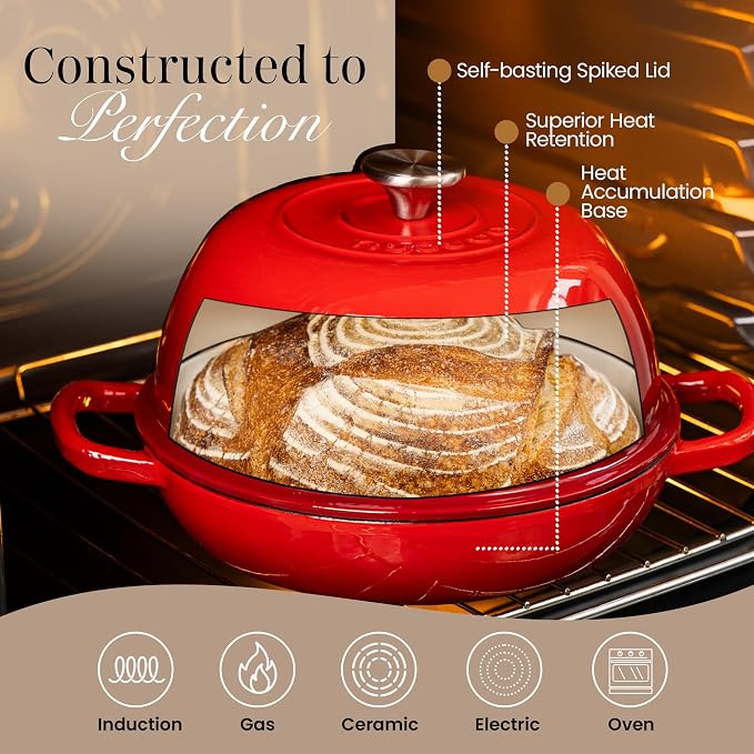 Enamelled Cast Iron Dutch Oven Pot – Dutch Oven For Sourdough Bread Baking – Cast Iron Bread Pot – Red, 6 Quarts, 26cm – by Nuovva