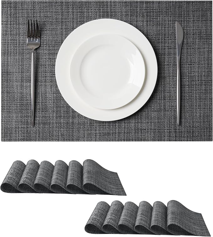 Leetaltree Black and Grey Woven Placemats Set of 12 - Heat Resistant Non-Slip Place mats for Dining Table, Washable Durable PVC Vinyl Woven Table Mats(Black & Grey, 12)