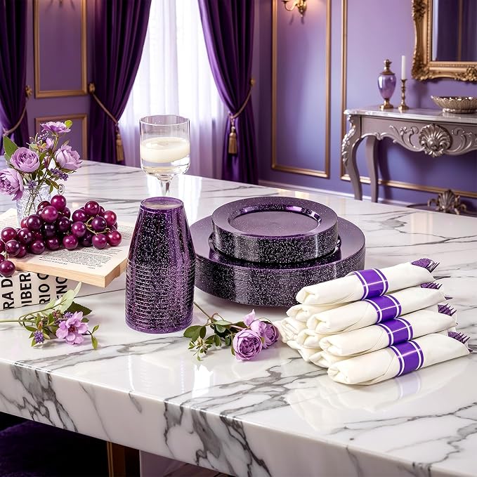 DaYammi 350 Pieces Purple Glitter Dinnerware Set 50 Guest for Party- 50 Dinner Plates, 50 Dessert Plates -50 Per Rolled Napkins with Purple Cutlery - 50 Disposable Cups 9 OZ