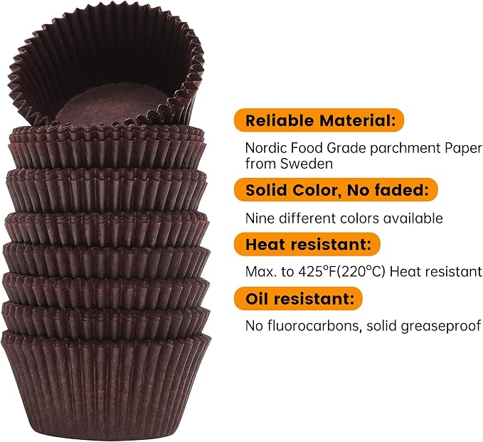 Bake Choice 200pcs Standard Cupcake Liners for Baking, Brown Muffin Liners | Food-grade cupcake wrappers, greaseproof parchment paper for Christmas decorations