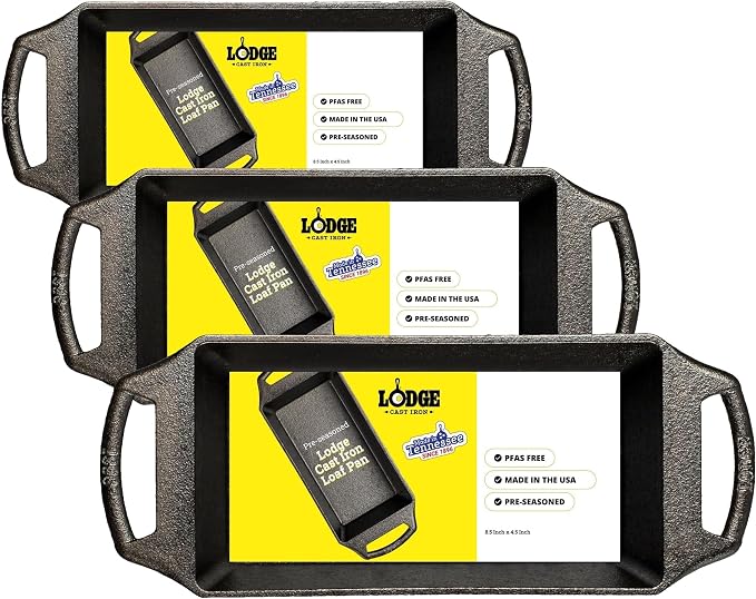 Lodge Seasoned Cast Iron Loaf Pan 8.5 Inches - Pre-Seasoned Rectangular Cast Iron Bakeware- Even Browning Bread Pan with Easy-Release Finish - PFAS-Free Non-Toxic Cookware (Pack of 3)