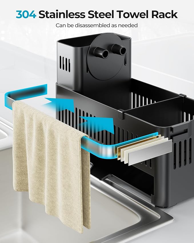 Nieifi Sponge Holder, Black Rustproof ABS Sink Caddy with Towel Rack | Smiley Sponge and Brush Holders with Drainage to Keep Items Dry. 10"W x 4.5"D. Kitchen Counter Organizer & Essential Storage.