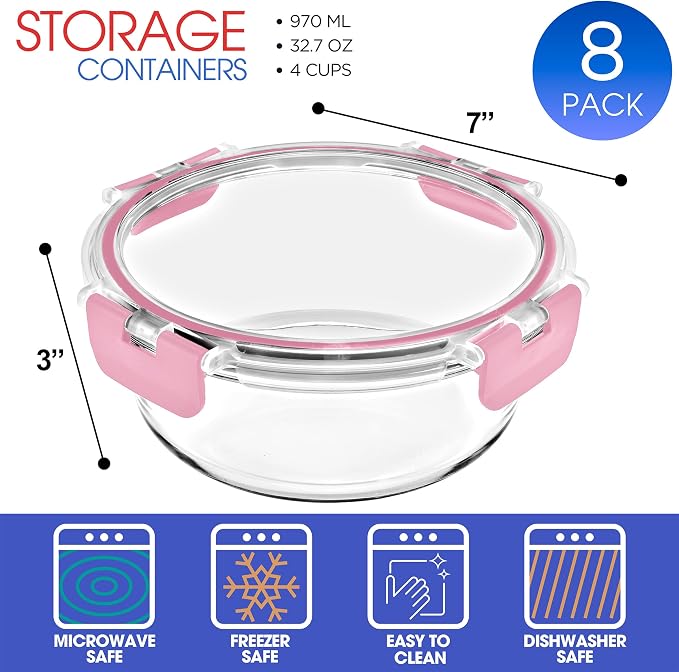 Sorbus 16pc Glass Meal Prep Containers Set – 8 Round 32oz Containers with Airtight Lids – Freezer, Dishwasher, Oven Safe – Reusable Food Storage Bowls, 4 Cup Capacity for Meal Prep and Storage, Pink