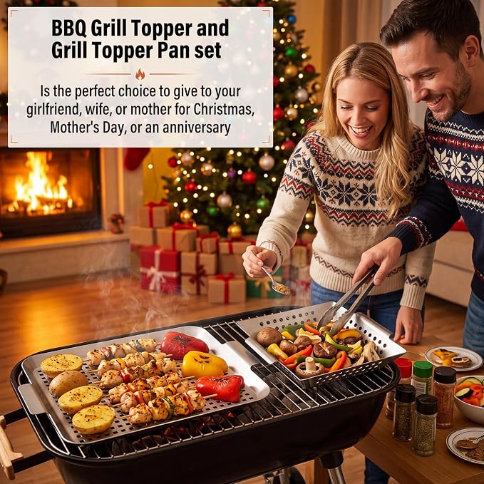 2 Pack Grilling Accessories Outdoor Grill Topper Vegetables Grill Baskets for BBQ, Grilling Pans Trays Griller Baskets with Holes and Handles, Carbon Steel