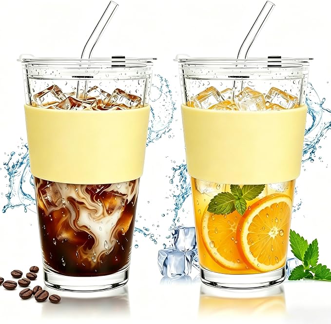 Birity 16oz Glass Cup with Lid and Glass Straw,Set of 2 Thickened Glass Coffee Tumblers with Silicone Sleeve,Reusable Iced Coffee Cups for Smoothie、Soda Water、Juice、MilkSshake、Travel Cup