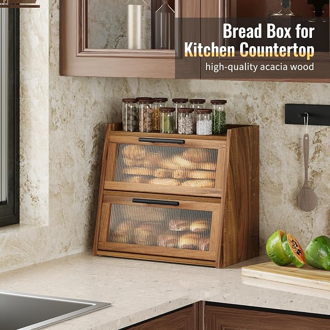Bread Box for Kitchen Counter,Wooden Double Layer Countertop Bread Storage | Bread Holder Container Bin with Window for homemade bread; Acacia Wood Construction with Metal Handles
