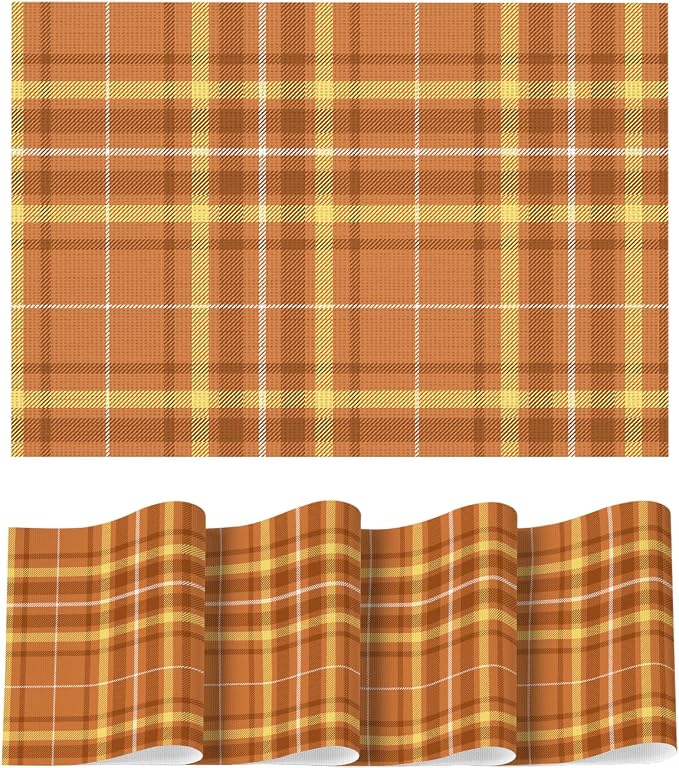 Artoid Mode Orange Striped Check Thanksgiving Vinyl Placemats Set of 4, Heat Resistant Non-Slip Woven Plastic PVC Place Mat for Party Kitchen Dining Decor