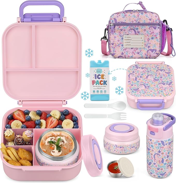 Bento Lunch Box for Kids with 7oz Soup Thermo,Insulated Stainless Steel Kids Water Bottle with Straw and Insulated Lunch Bag,Leak-Proof Lunch Food Container with Ice Pack for School(Pink-Horse)