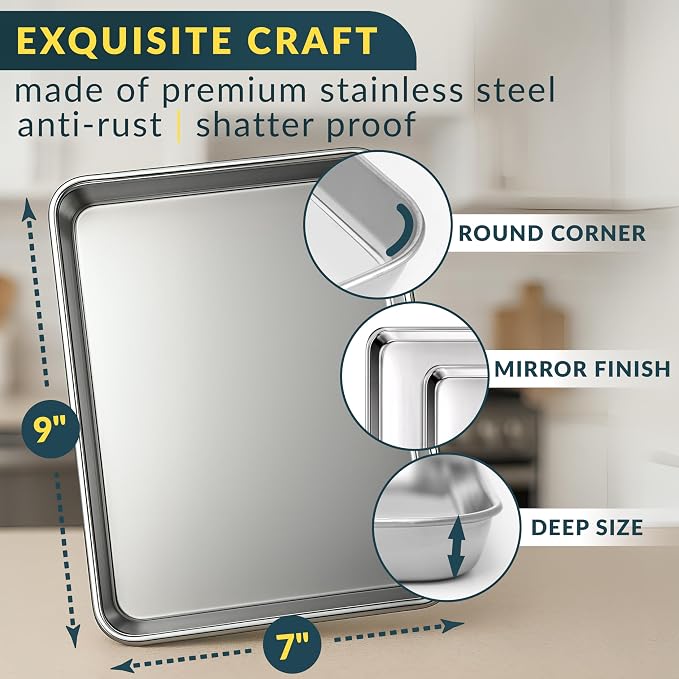 Stainless Steel Cookie Sheet Set of 2, 9" Baking Sheet Pans, Non-Stick | Mirror finish & rust-resistant; BPA-free and dishwasher safe; ideal for everyday oven roasting