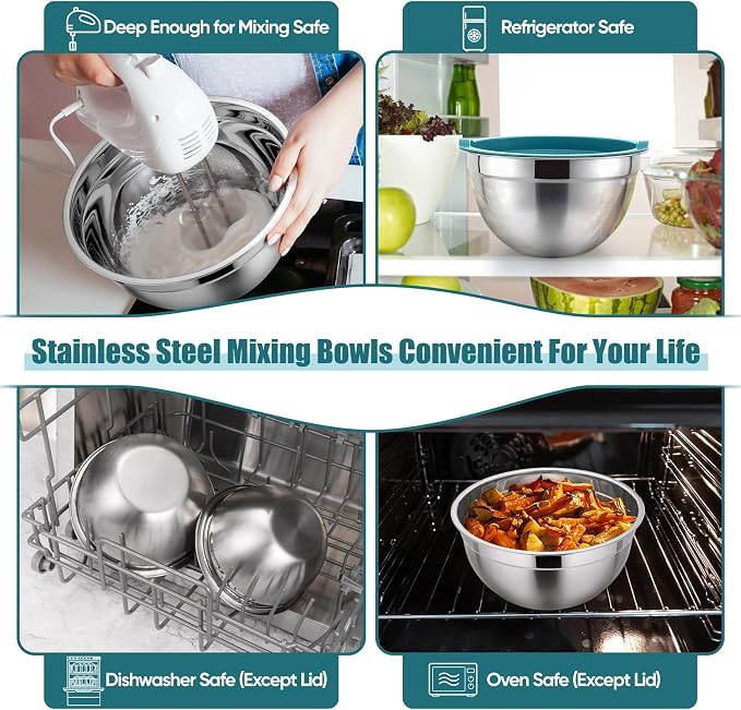 P&P CHEF Metal Mixing Bowls with Lids Set, Airtight Lids & Blue | 5 PCS Stainless Steel Mixing Nesting Bowls for Kitchen Prepping, Storing, Healthy & Easy Clean, Size 4.6, 3, 1.5, 1, 0.7 QT