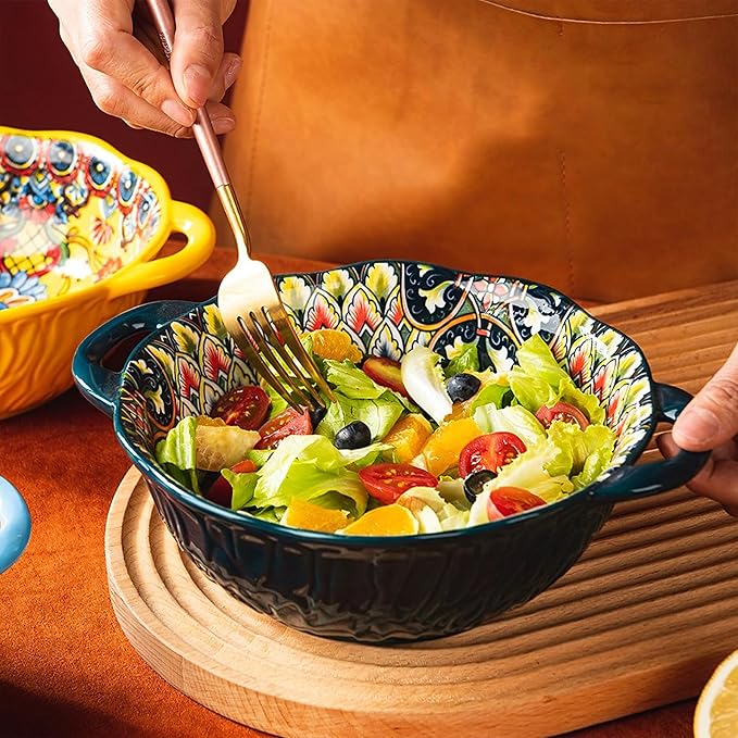 2 Pack Boho Ceramic Serving Bowls with Handles, 40 Oz Porcelain Salad Bowls, Large Serving Dishes for Entertaining, Mixing Bowls for Soup, Stew, Pasta, Cereal, Colorful Embossed Cute Bowls Set ALDS