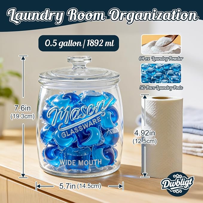 Cookie Jar with Airtight Lids, Half Gallon Glass Jar 1 Pack | 64 Oz Wide Mouth Mason Jar, Sourdough Starter Jar, for Kitchen Pantry & Laundry Room Storage, for Candy, Flour, Dog Treats