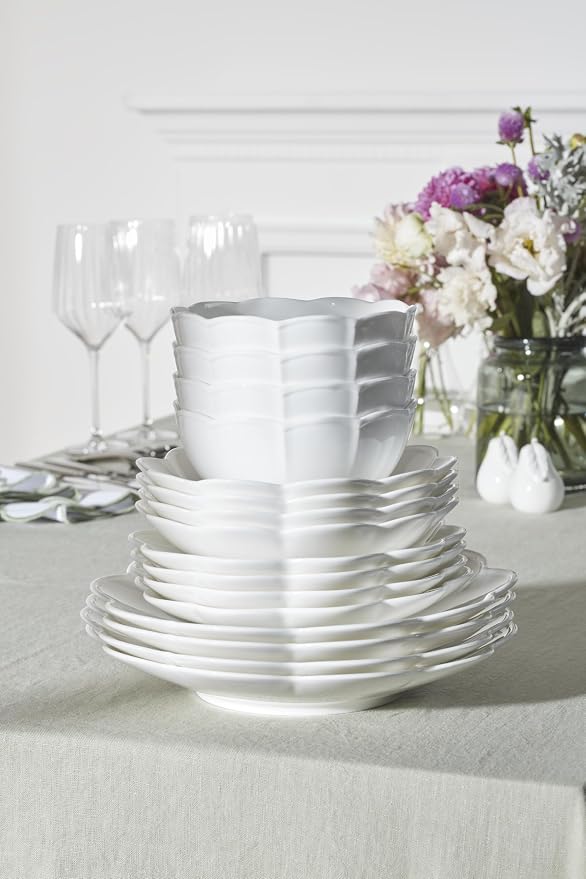 Lenox Studio 1414 Scallop Bone China 16-Piece Dinnerware Set for 4 | dishwasher safe | plates and bowls sets for kitchen and dining | 10.71 inch plate, dish set, dishes, chip resistant