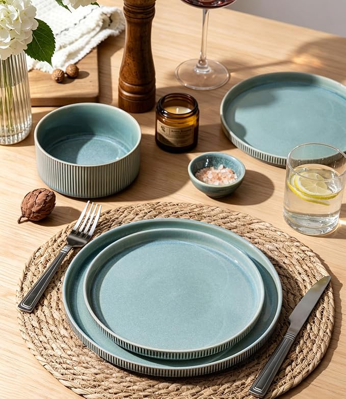 GBHOME Stoneware Dinnerware Sets for 8, 24-Piece Plates and Bowls Set | Handmade Reactive Glaze Ceramic Dish Set, Scratch Resistant, Dishwasher&Microwave Safe,Malachite Green