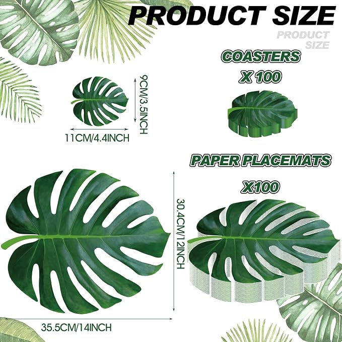 Geosar 200 Disposable Paper Placemats and Coasters Set Summer Hawaiian Luau Placemat with Coasters Outdoor Indoor for Greenery Jungle Dining Table Decoration Shower Birthday(Palm Leaf)
