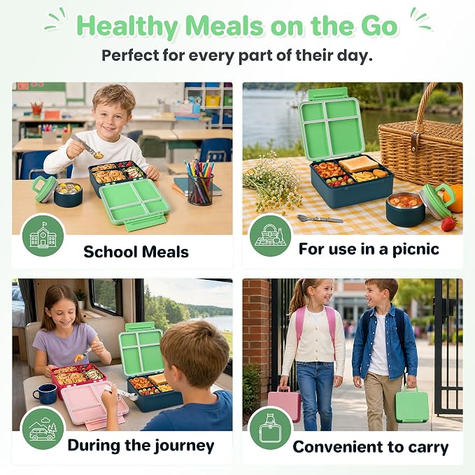 Bento Lunch Box for Kids with 8oz Soup Thermo,Kids Leakproof Lunch Food Containers with 4 Compartment,Kid Insulated Thermo Hot Food Jar for School,Trvael-Green
