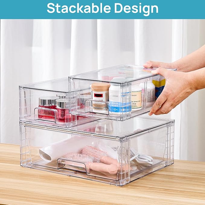 Vtopmart Clear Stackable Storage Drawers, 3 Pack Wide Organizer Set | Wide and Small Pull-Out PET Drawers with Stackable Design for Bathroom Organization, Cabinets, Closets, Pantry and Medicine