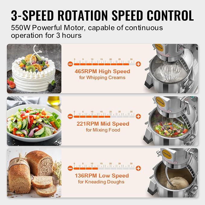 VEVOR Commercial Food Mixer, 15Qt Capacity with Timer, 500W Stainless Bowl Durable Electric Mixer for Commercial Use, 3 Speed Options 113/184/341 RPM, Includes Dough Hook & Whisk