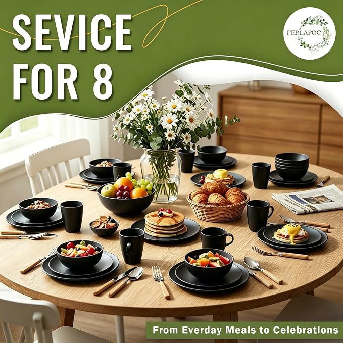 Kitchen Wheat Straw Dinnerware Set 40 PCS Dishes Sets for 8 Plastic Plates Reusable Dinner Plates Cereal Bowls Small Cups Dishwasher & Microwave Safe Unbreakable Dish Set for Picnic RV-Black