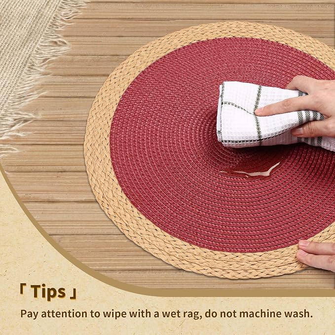 Round Placemats Set of 4, Woven Table Mats, Wide Edge, Berry Red | Braided Paper Edge, 15 Inch Diameter, Fits Dinner Plate and Flatware, Wipeable, Heat Resistant, Indoor Dining, Outdoor Patio