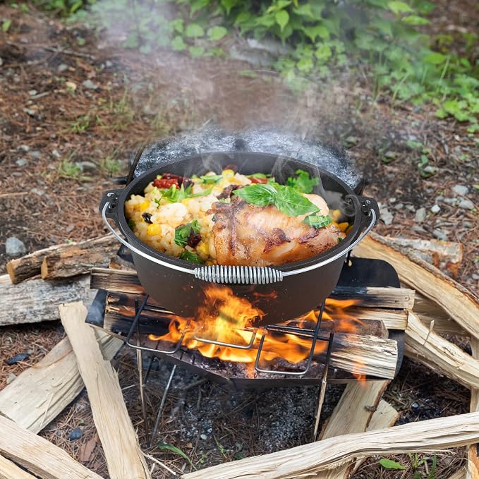 LIFERUN 6.2 Quart Cast Iron Dutch Oven Pot with Lid | Dutch Oven with Stand & Spiral-shaped Handle, Cast Iron Pot without Feet for Outdoor & Indoor