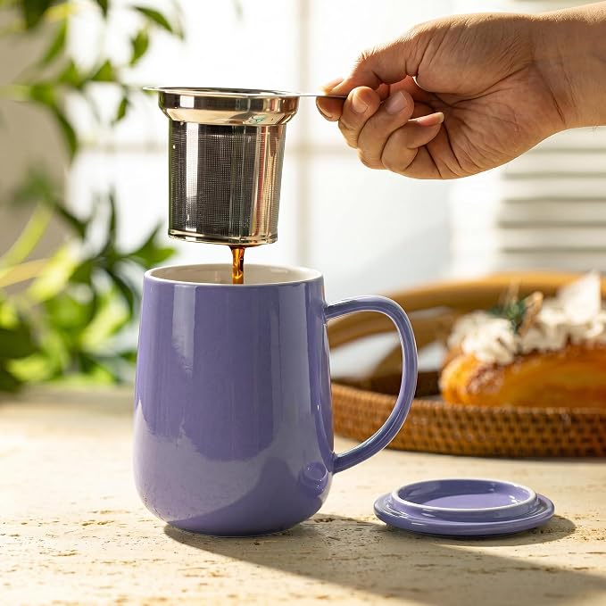 Sweese 20 oz Porcelain Tea Mug with Infuser and Lid, Purple Tea Cup