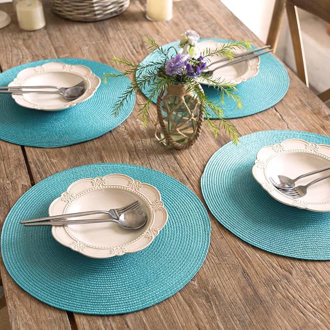 FunWheat Round Braided Placemats Set of 4 Table Mats for Dining Tables Woven Washable Non-Slip Place mats 15inch (Turquoise, 4pcs)