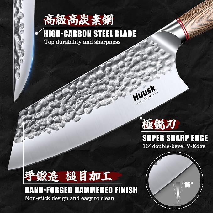 Huusk Kitchen Knife Set of 3 - Japanese Nakiri Vegetable Knife | Meat Cleaver Boning Knife for Meat Cutting, Hand Forged Butcher Chef Knives Set for Kitchen Cooking, Gift for Chef Men Women