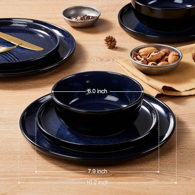 LIANYU Ceramic Plates and Bowls for 4, 12 Piece Dishes Sets, Midnight Blue | Modern Porcelain Dinnerware Set, Chip and Scratch Resistant Dishware Set, Dishwasher & Microwave Safe Stoneware Set