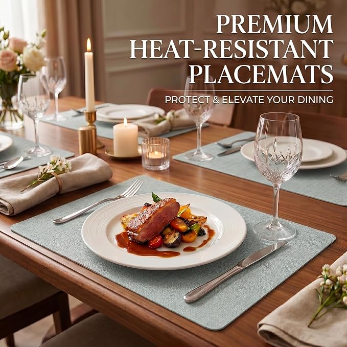 Faux Leather Placemats Set of 6, Wipeable Waterproof Stain Resistant Table Mats, Heat Resistant Thick Placemats with Hand-Painted Edges for Kitchen Dining, Imitative Linen Texture, Various Shapes