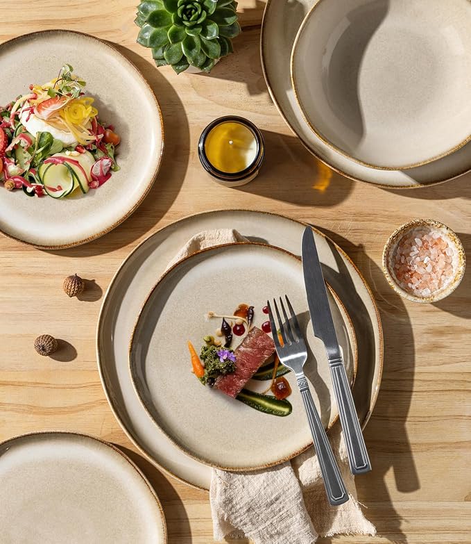 GBHOME Stoneware Dinnerware Sets for 6,18 Piece Rustic Plates and Bowls Set | Earthenware Handmade Reactive Glaze Plate Sets, Chip Resistant Ceramic Dishes, Microwave & Dishwasher Safe, Oatmeal Linen
