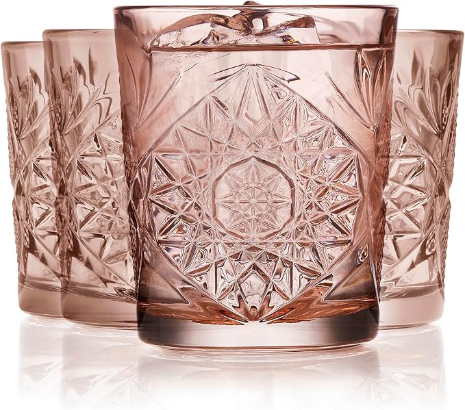 Libbey Hobstar Double Old Fashioned Glasses,Rose Colored Cut Glass Drinking Glasses Set of 4, Durable, Vintage Whiskey Glasses for Cocktail, Drinks