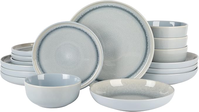 Gibson Elite Juno Moon 16-Piece Reactive Blue Double Bowl Dinnerware Set – Durable Stoneware Plates and Bowls