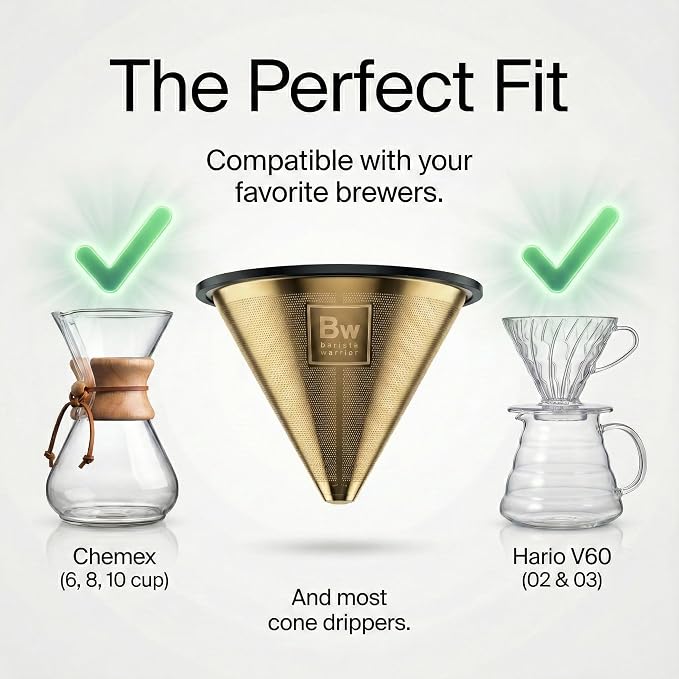 Barista Warrior Reusable Coffee Filter - Stainless Steel Pour Over Dripper, Compatible for Chemex, Hario V60 & Drippers, Easy to Clean Flavorful Brew Fine Mesh Coffee Filter - Gold Titanium Coated