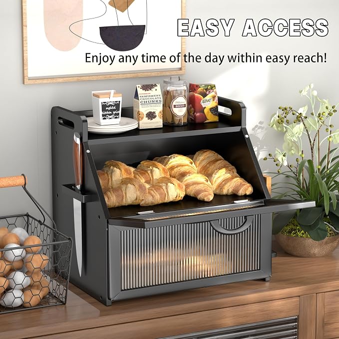 Bread Box for Kitchen Countertop, Large Bread Storage Container for Homemade Bread, Wooden Farmhouse Breadbox Organizers, Double Layer Bread Bin with Acrylic Window Bread Holder, Black