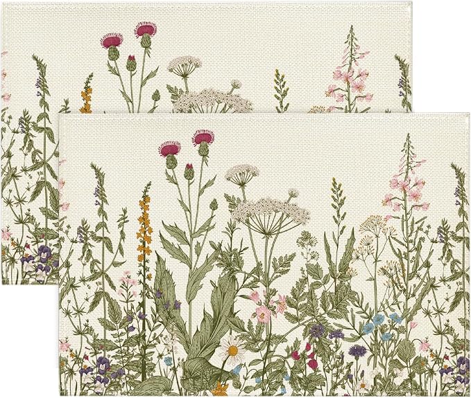 Artoid Mode Antique Herbs and Wild Flowers Spring Placemats Set of 2, 12x18 Inch Seasonal Summer Table Mats for Party Kitchen Dining Decoration
