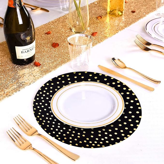 50 Pcs 14 Inch Black and Gold Foil Paper Place Mats Golden Polka Dots Round Placemats Disposable Decorative Table Mats for Wedding Banquet Party Home Dining Table Decor